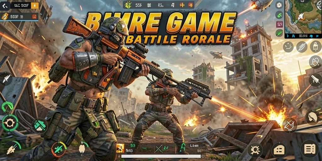 Tangkapan layar gameplay dari 555F yang menampilkan pertempuran Battle Royale.