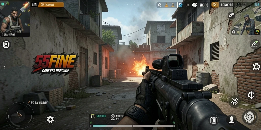 Tangkapan layar utama 55FIVE saat intensitas pertempuran FPS.