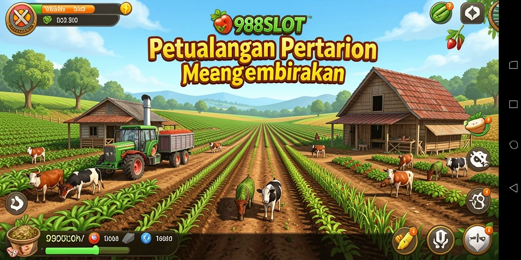 Tampilan gameplay 988SLOT dengan kebun yang subur dan hewan ternak.