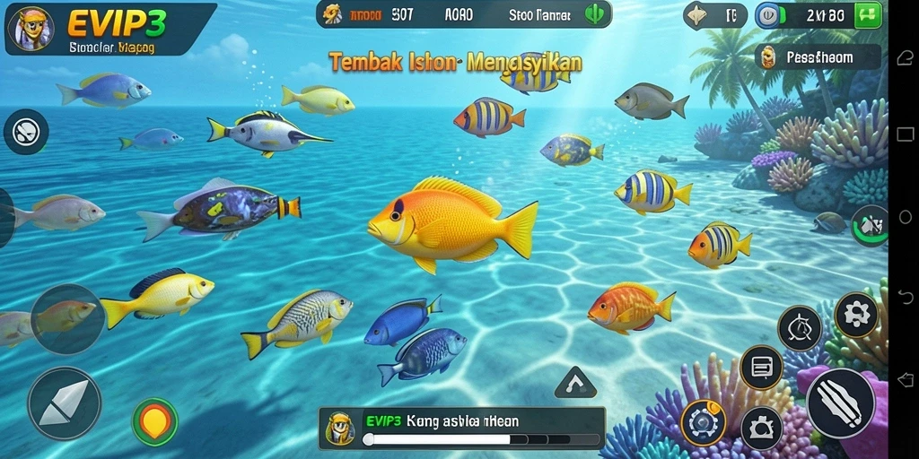 Gameplay menembak ikan yang seru dan penuh warna.