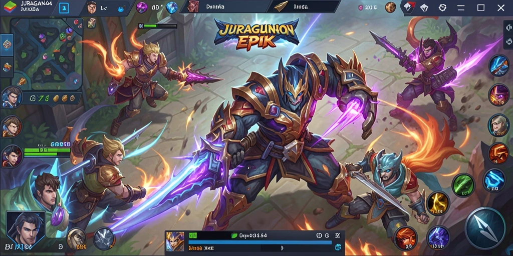 Screenshot JURAGAN404 menampilkan pertarungan seru antar tim di arena MOBA.