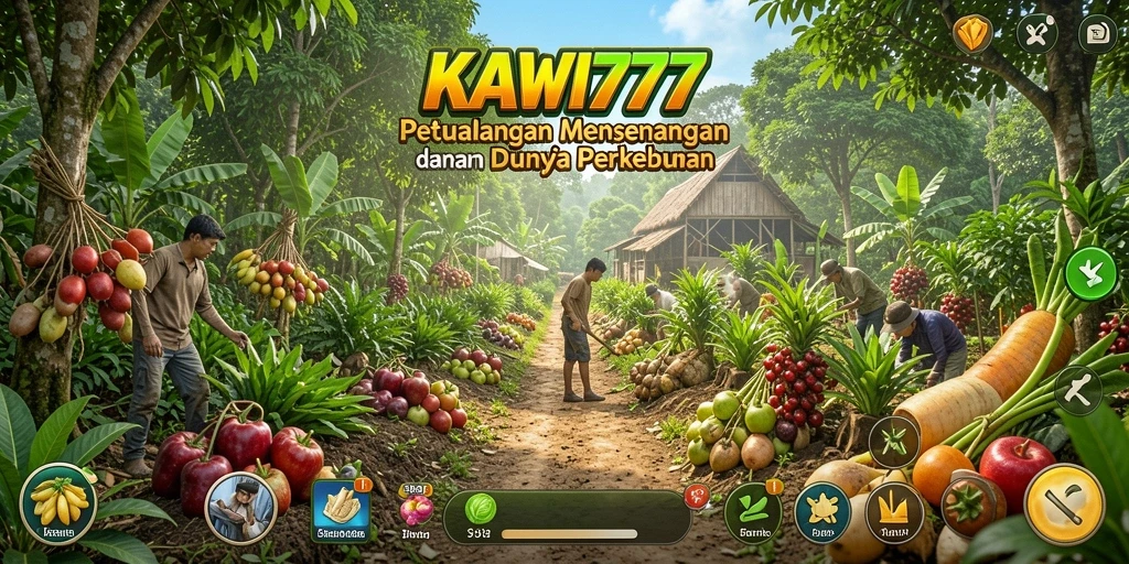 Screenshot gameplay KAWI777 menampilkan ladang dengan berbagai tanaman dan hewan ternak.