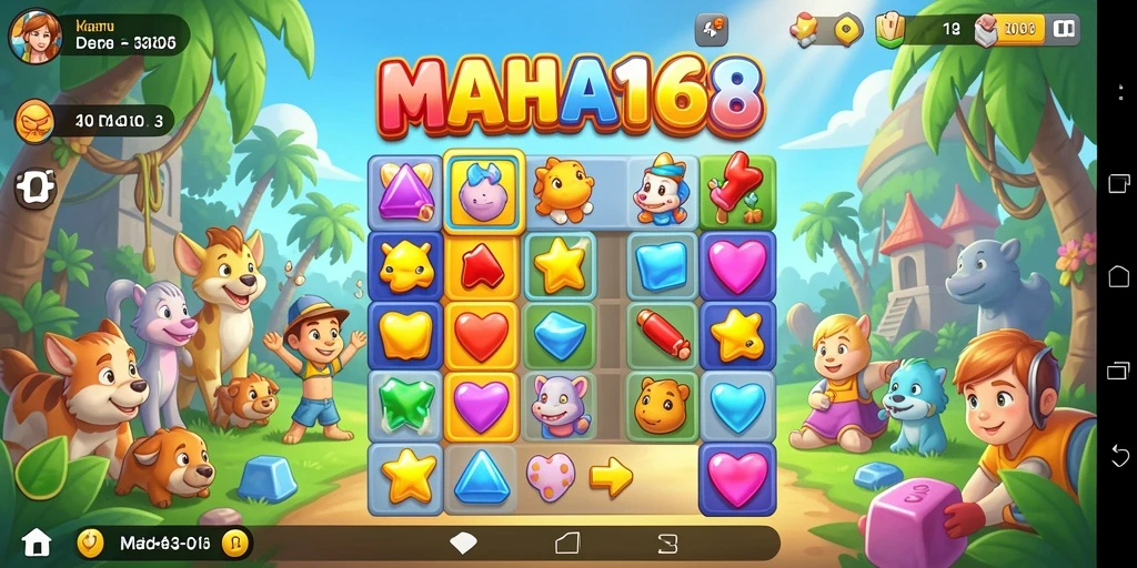 Screenshot utama MAHA168 dengan gameplay mencocokkan objek Match-3 yang menyenangkan.