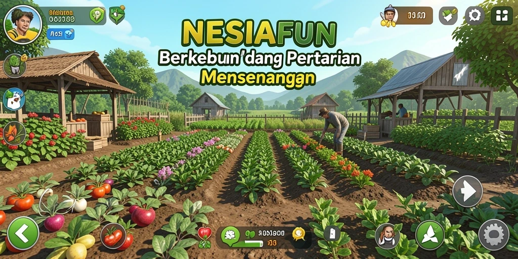 Screenshot gameplay <strong>NESIAFUN</strong> menampilkan kebun yang kaya dengan berbagai tanaman.