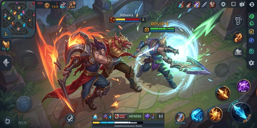 Screenshot gameplay RPVIP3 menampilkan pertarungan seru dalam arena MOBA.