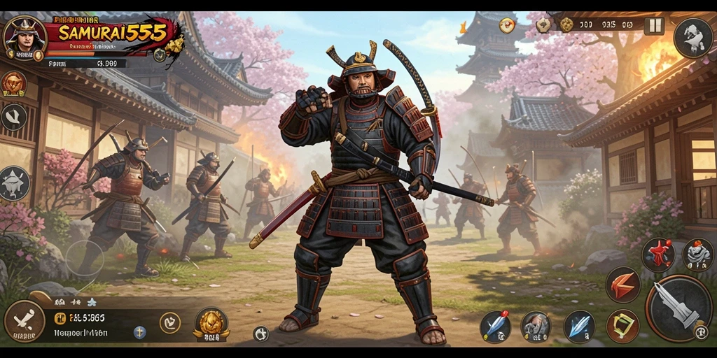 Gameplay SAMURAI555 dengan aksi pertempuran yang intens.