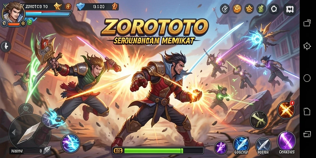 Screenshot gameplay ZOROTOTO menampilkan pertarungan yang intens dan karakter yang dinamis.
